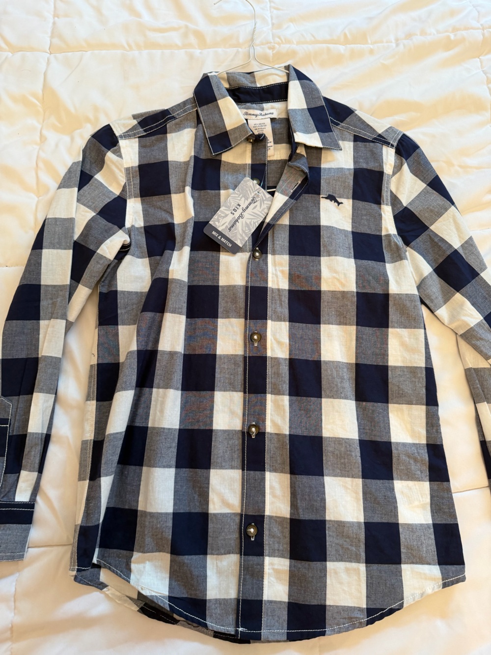 Tommy Bahama Navy and White Check Long-Sleeve Boys Button Shirt